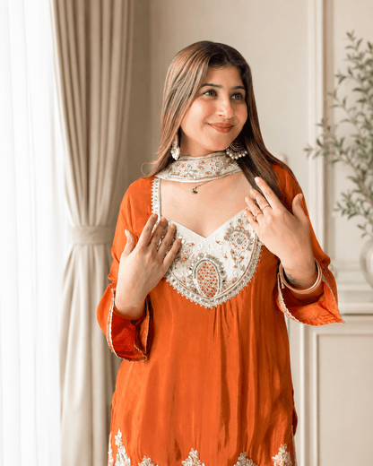Rust Orange Embroidered Kurta Sharara Set - Vibes and Petals
