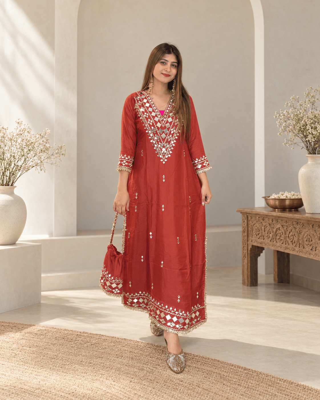 Rust Red Mirror Work Festive Long Kurta - Vibes and Petals