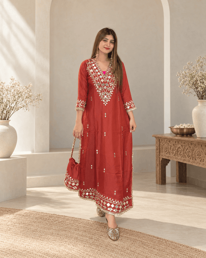 Rust Red Mirror Work Festive Long Kurta - Vibes and Petals