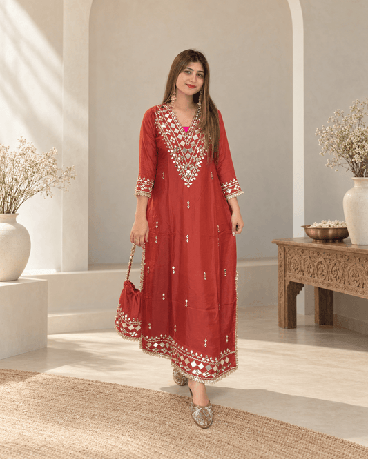 Rust Red Mirror Work Festive Long Kurta - Vibes and Petals