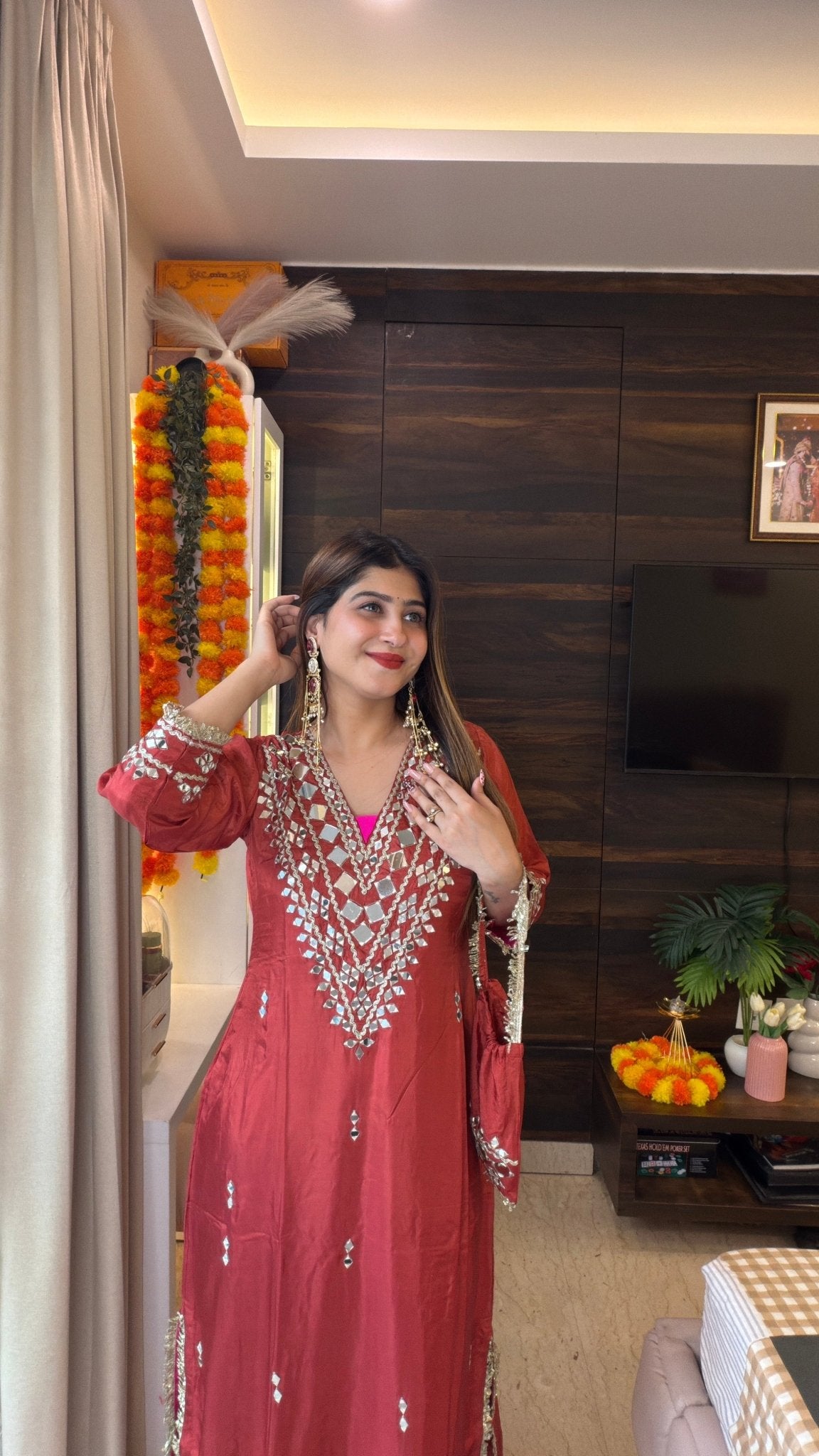 Rust Red Mirror Work Festive Long Kurta - Vibes and Petals