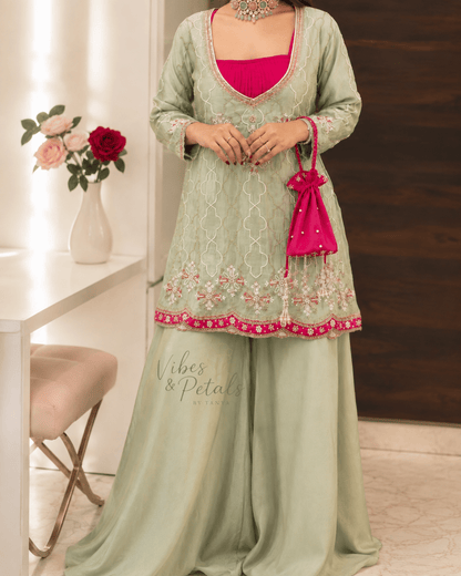 Sage Green Embroidered 3-Piece Kurta Palazzo Set - Vibes and Petals