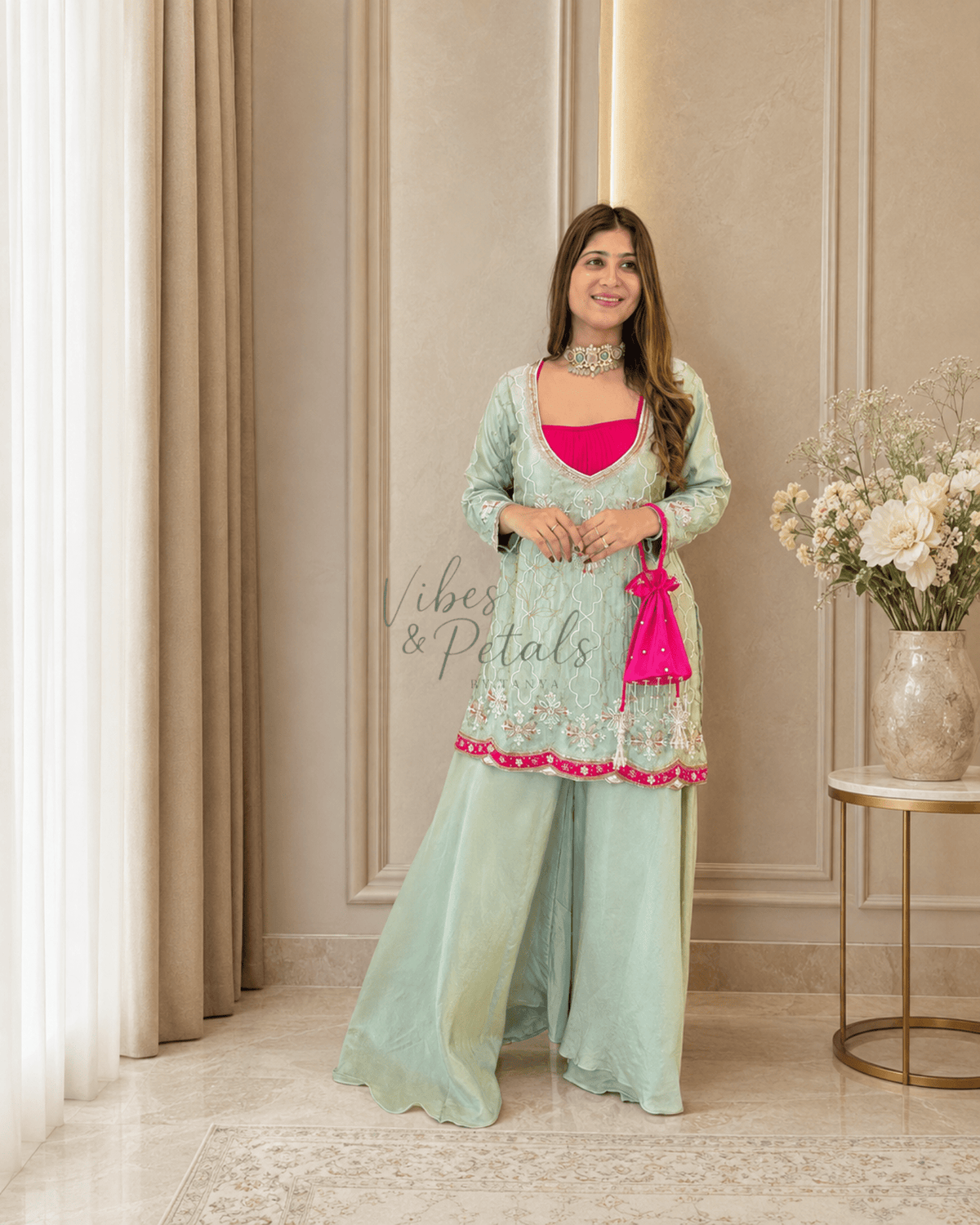 Sage Green Embroidered 3-Piece Kurta Palazzo Set - Vibes and Petals