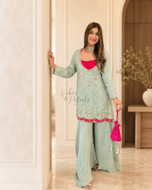 Sage Green Embroidered 3-Piece Kurta Palazzo Set - Vibes and Petals