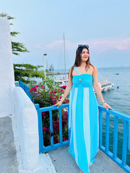 "Santorini" Two - Tone Georgette Maxi – The Viral Flow Dress) - Vibes and Petals