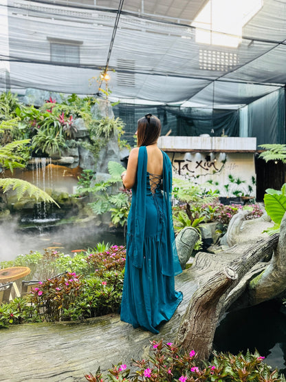 Teal Blue Georgette Maxi Dress with Built - in Dupatta Drape (XS to 5XL) - Vibes and Petals