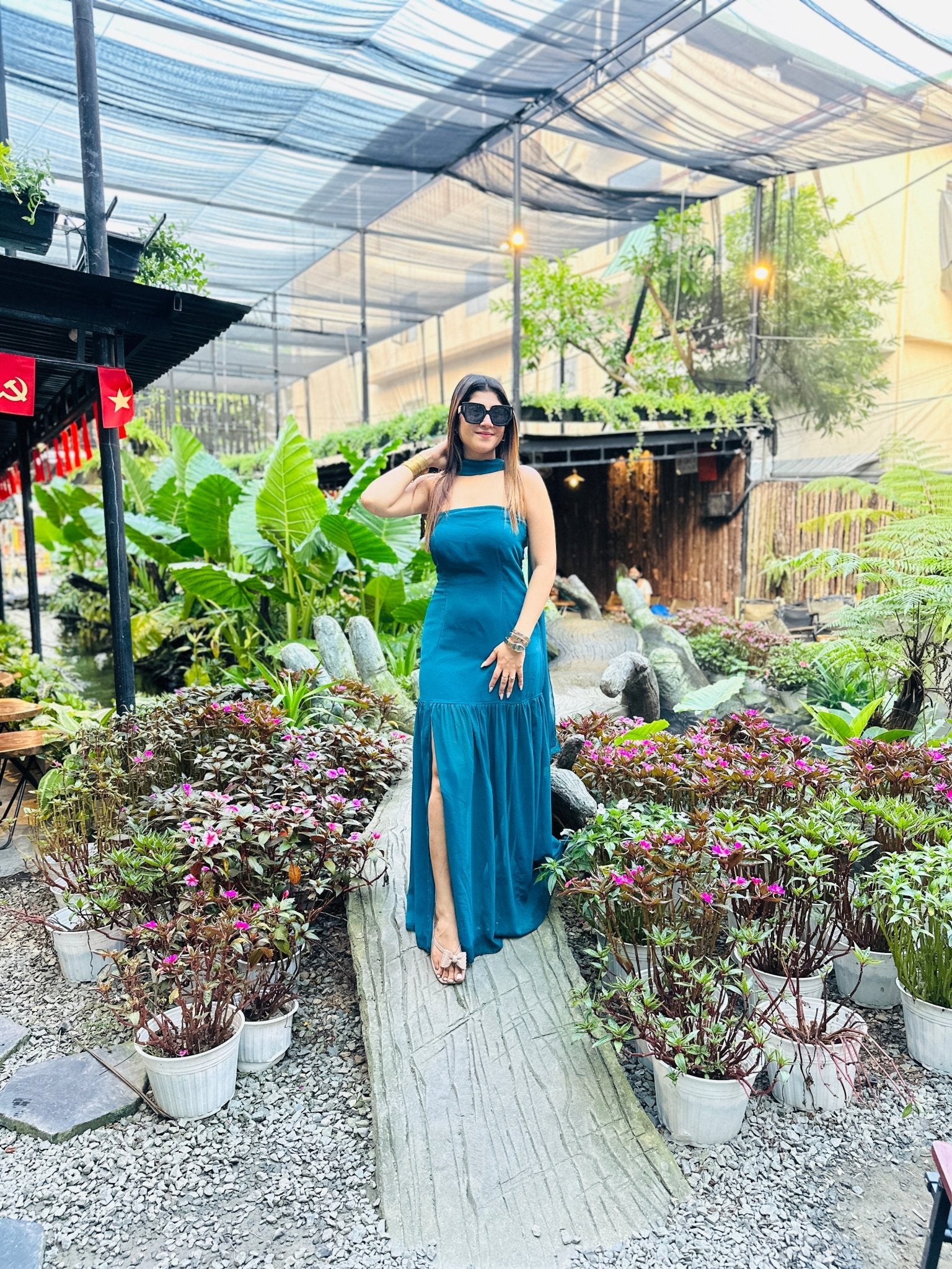 Teal Blue Georgette Maxi Dress with Built - in Dupatta Drape (XS to 5XL) - Vibes and Petals