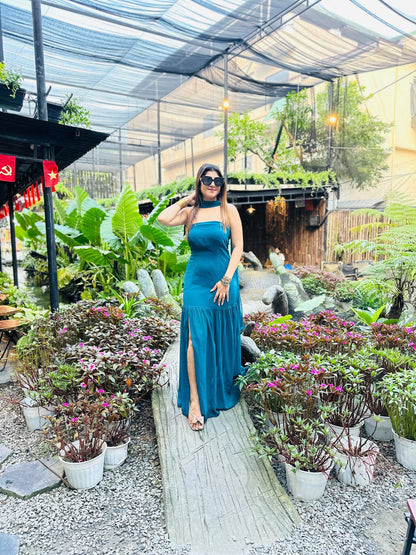 Teal Blue Georgette Maxi Dress with Built - in Dupatta Drape (XS to 5XL) - Vibes and Petals
