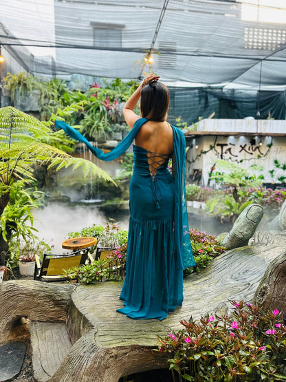 Teal Blue Georgette Maxi Dress with Built - in Dupatta Drape (XS to 5XL) - Vibes and Petals