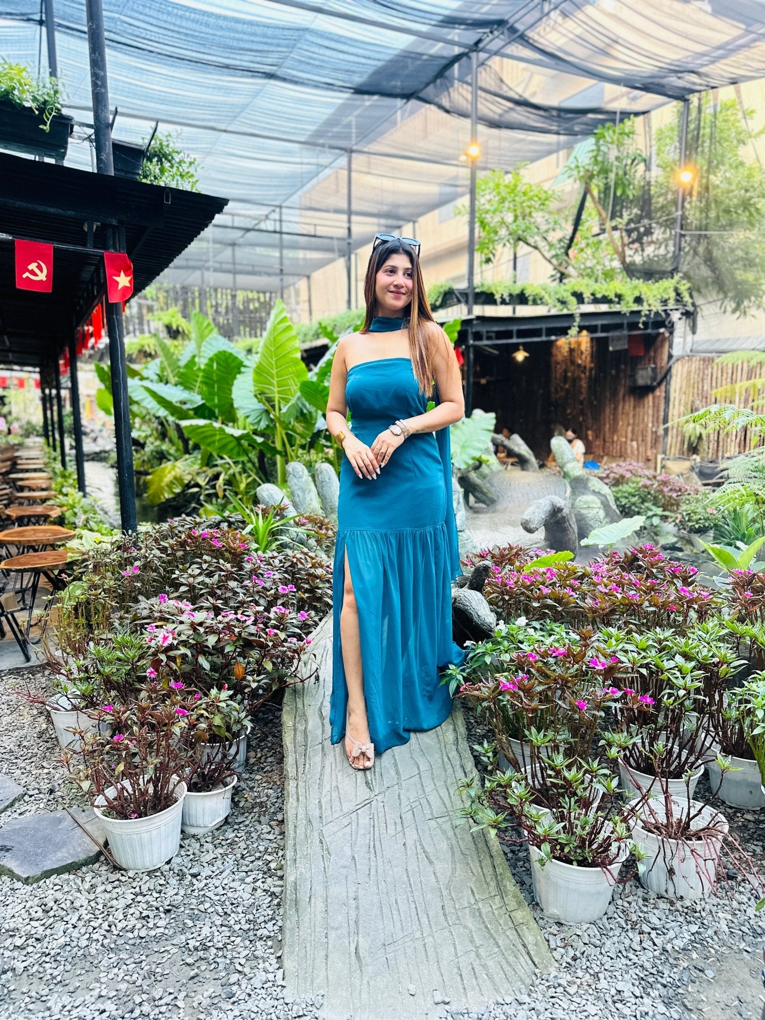 Teal Blue Georgette Maxi Dress with Built - in Dupatta Drape (XS to 5XL) - Vibes and Petals