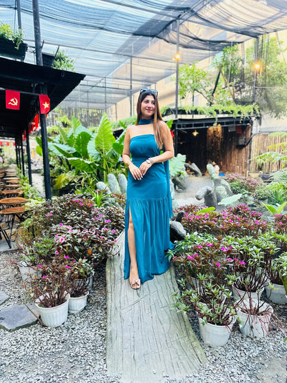 Teal Blue Georgette Maxi Dress with Built - in Dupatta Drape (XS to 5XL) - Vibes and Petals