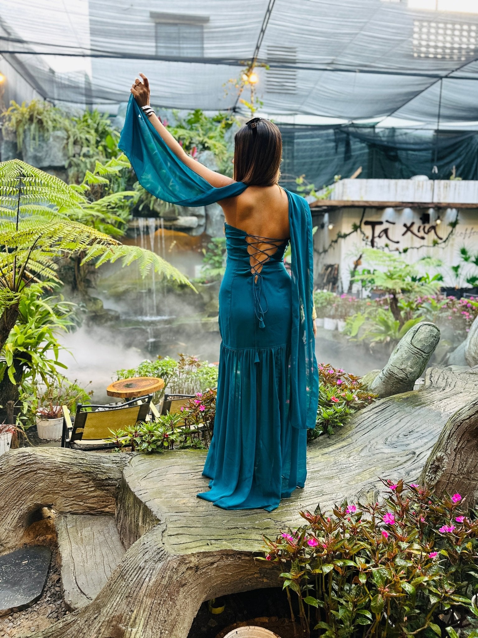 Teal Blue Georgette Maxi Dress with Built - in Dupatta Drape (XS to 5XL) - Vibes and Petals