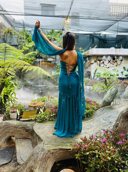Teal Blue Georgette Maxi Dress with Built - in Dupatta Drape (XS to 5XL) - Vibes and Petals