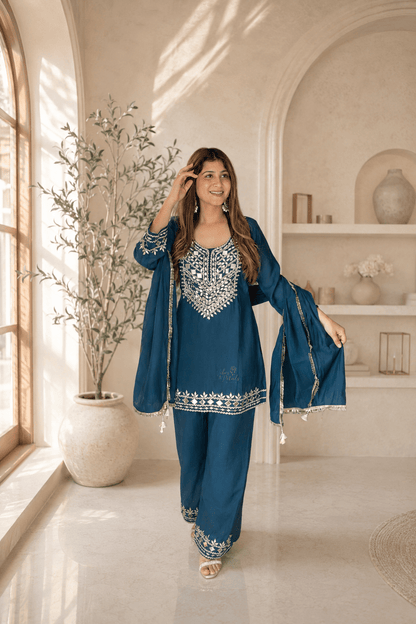 Teal Blue Mirror Work Kurta Set - Vibes and Petals