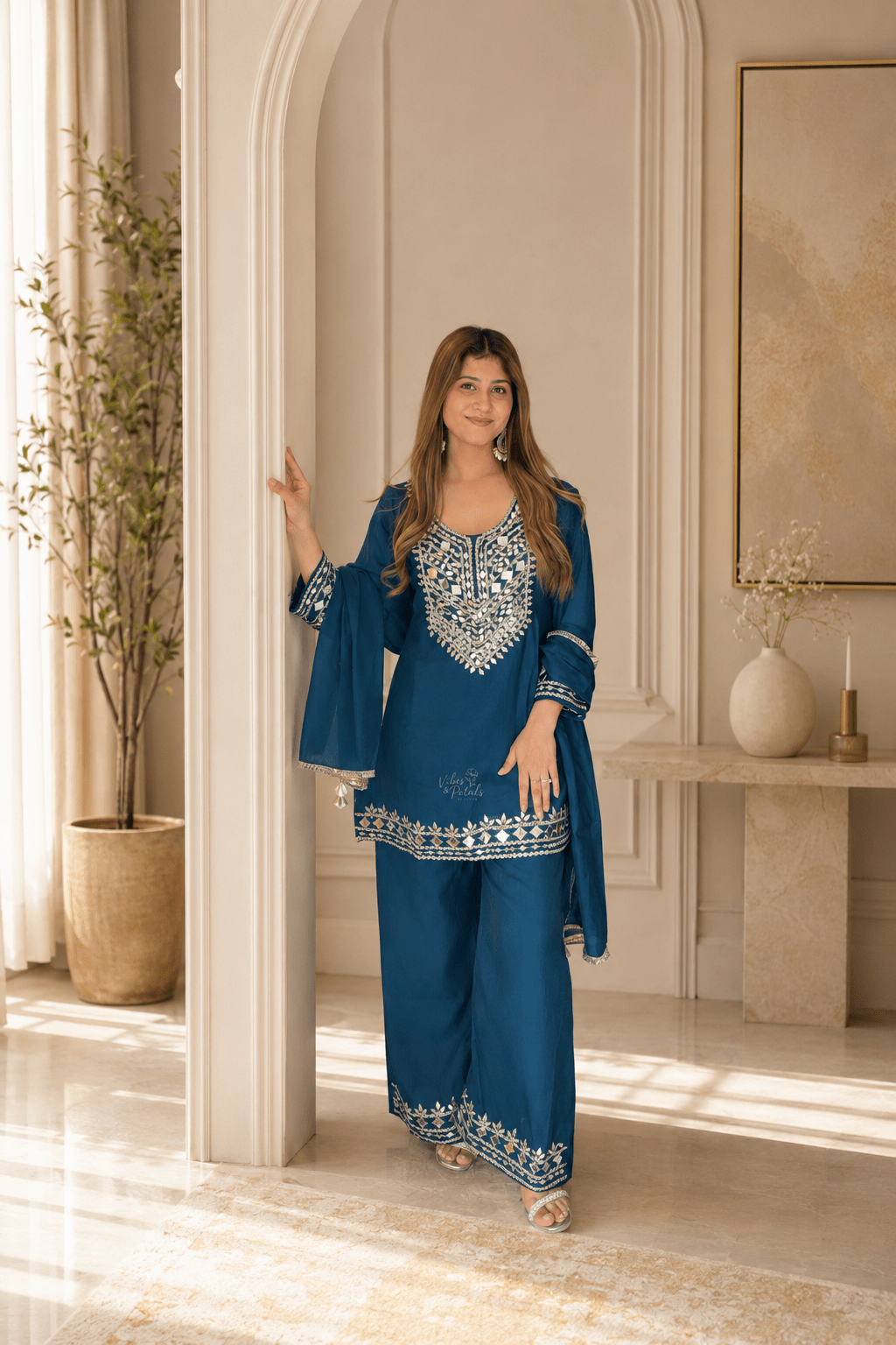 Teal Blue Mirror Work Kurta Set - Vibes and Petals