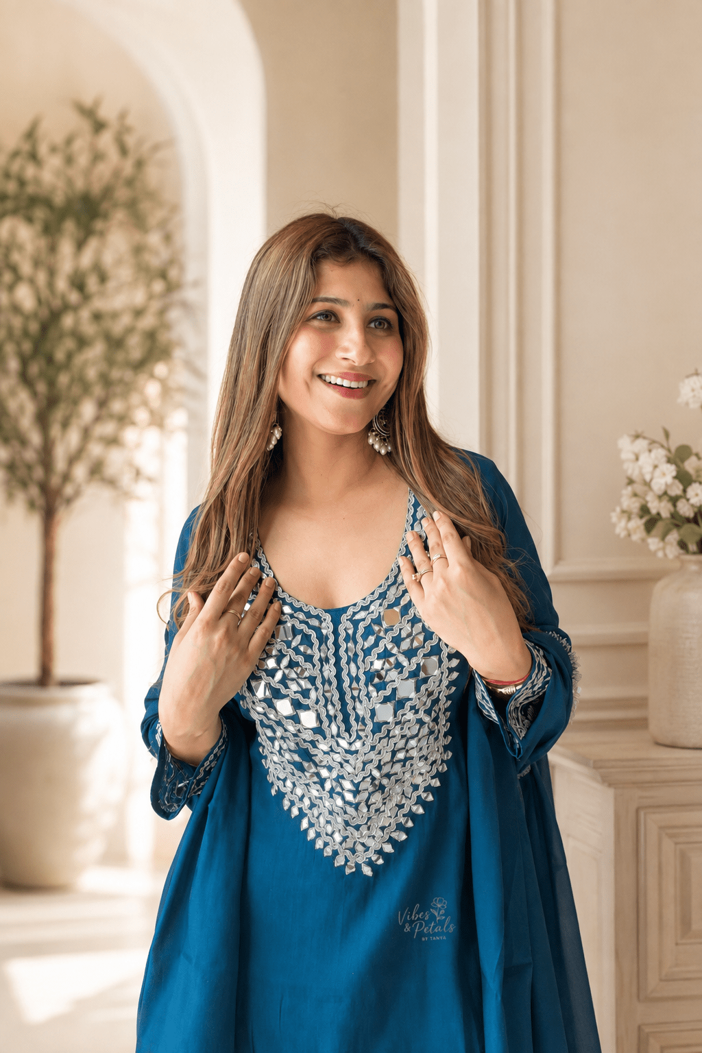 Teal Blue Mirror Work Kurta Set - Vibes and Petals