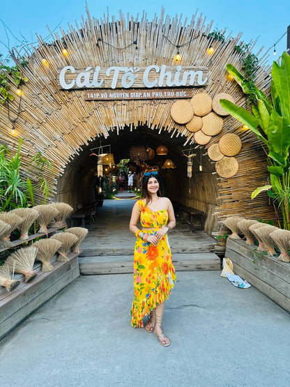 Tropical Sunset Yellow Floral Cut - Out Maxi Dress - Vibes and Petals