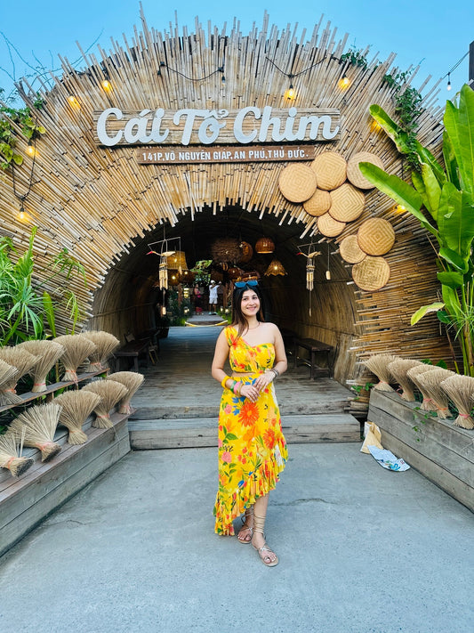 Tropical Sunset Yellow Floral Cut - Out Maxi Dress - Vibes and Petals