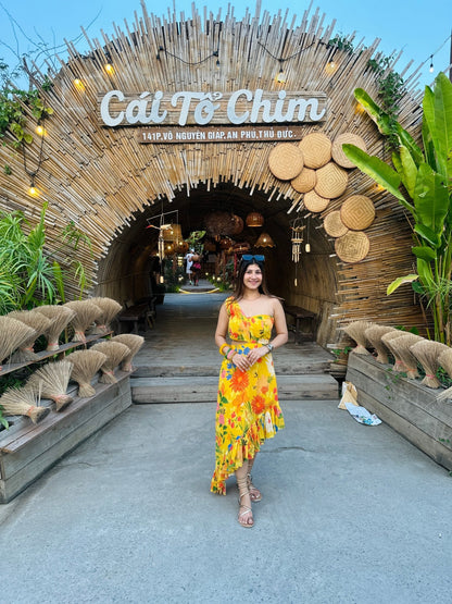 Tropical Sunset Yellow Floral Cut - Out Maxi Dress - Vibes and Petals