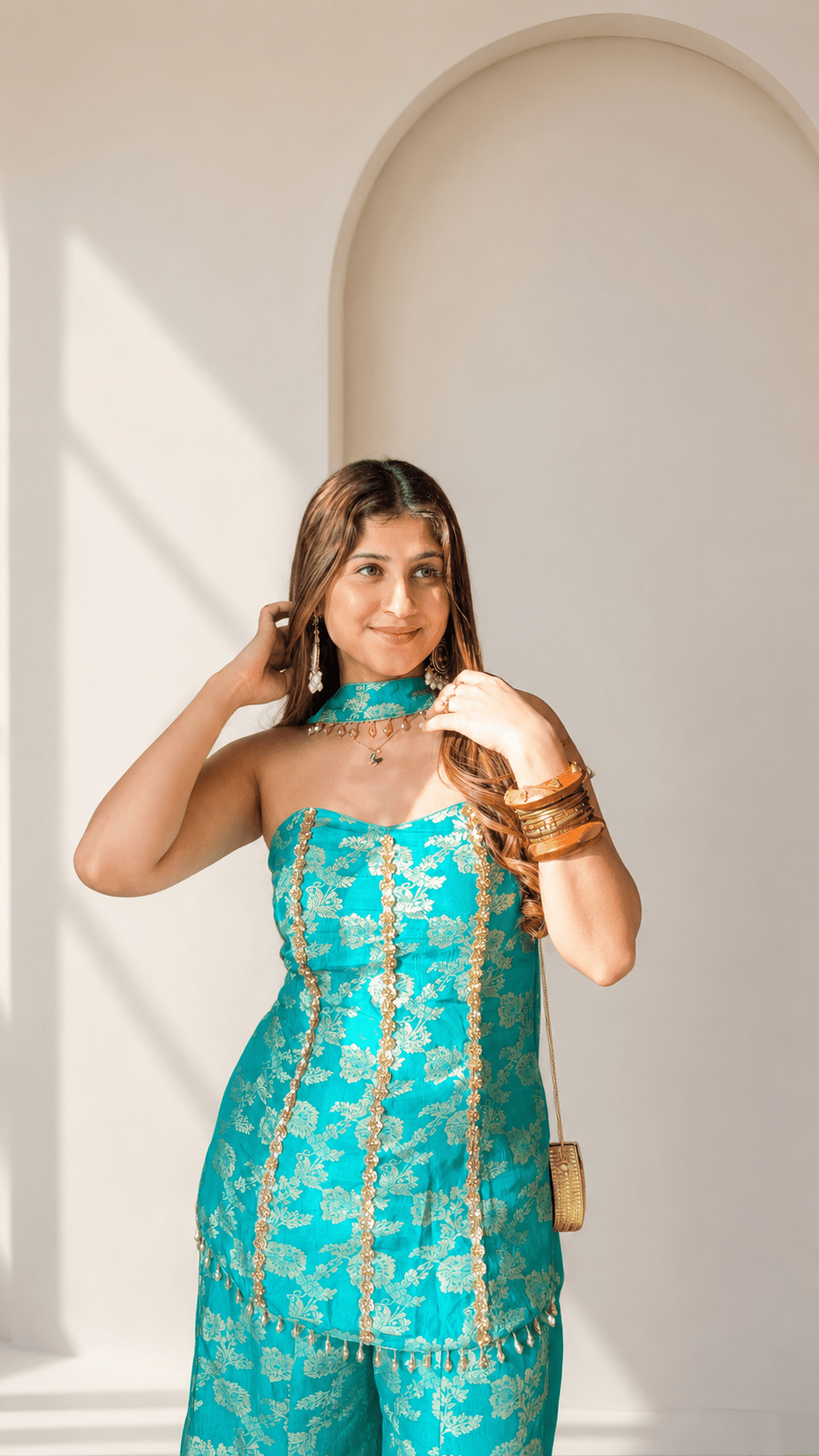 Turquoise Blue Banarasi Silk Corset Sharara Set - Vibes and Petals