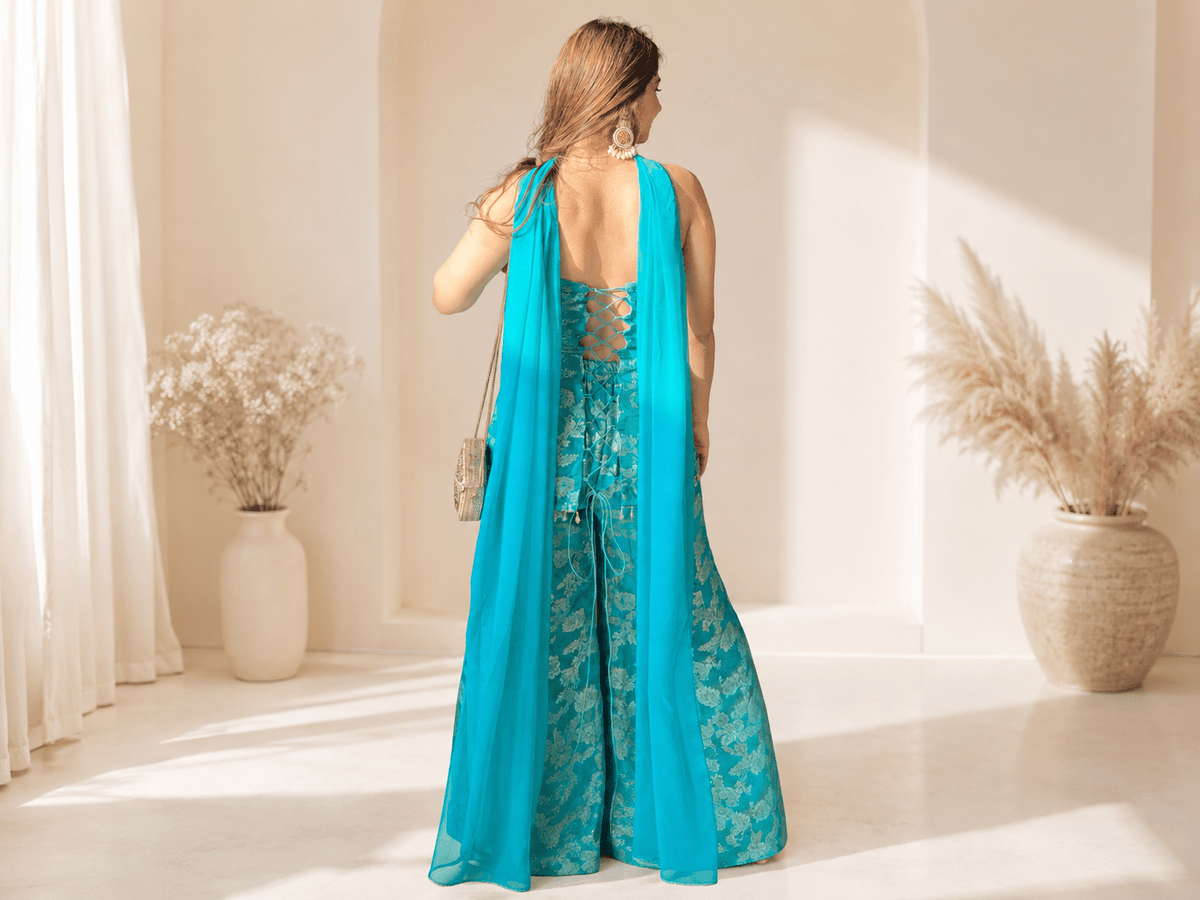Turquoise Blue Banarasi Silk Corset Sharara Set - Vibes and Petals
