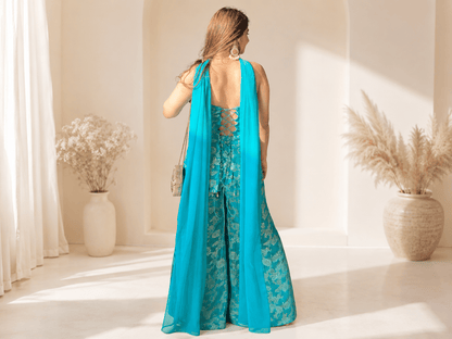 Turquoise Blue Banarasi Silk Corset Sharara Set - Vibes and Petals