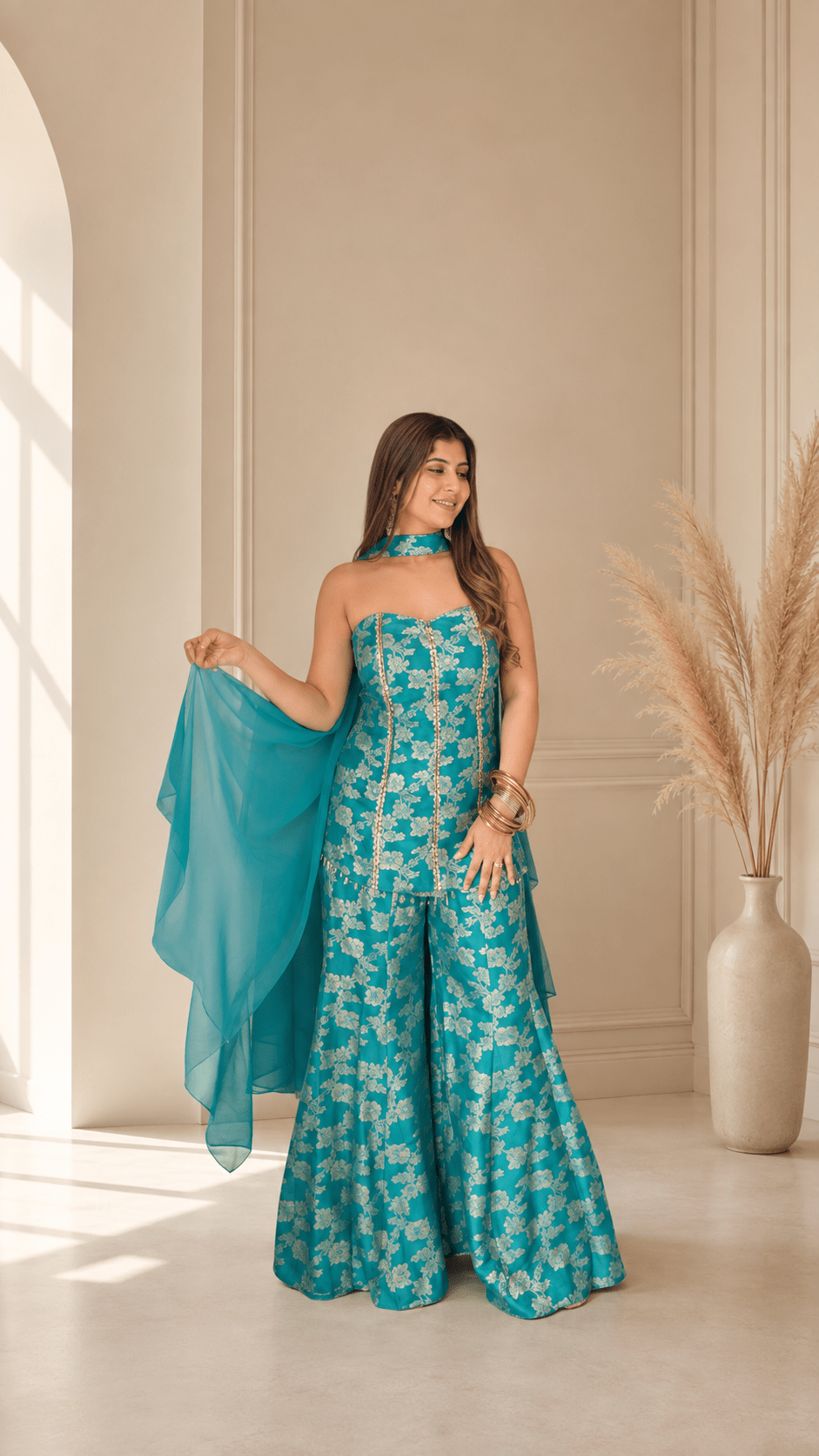 Turquoise Blue Banarasi Silk Corset Sharara Set - Vibes and Petals