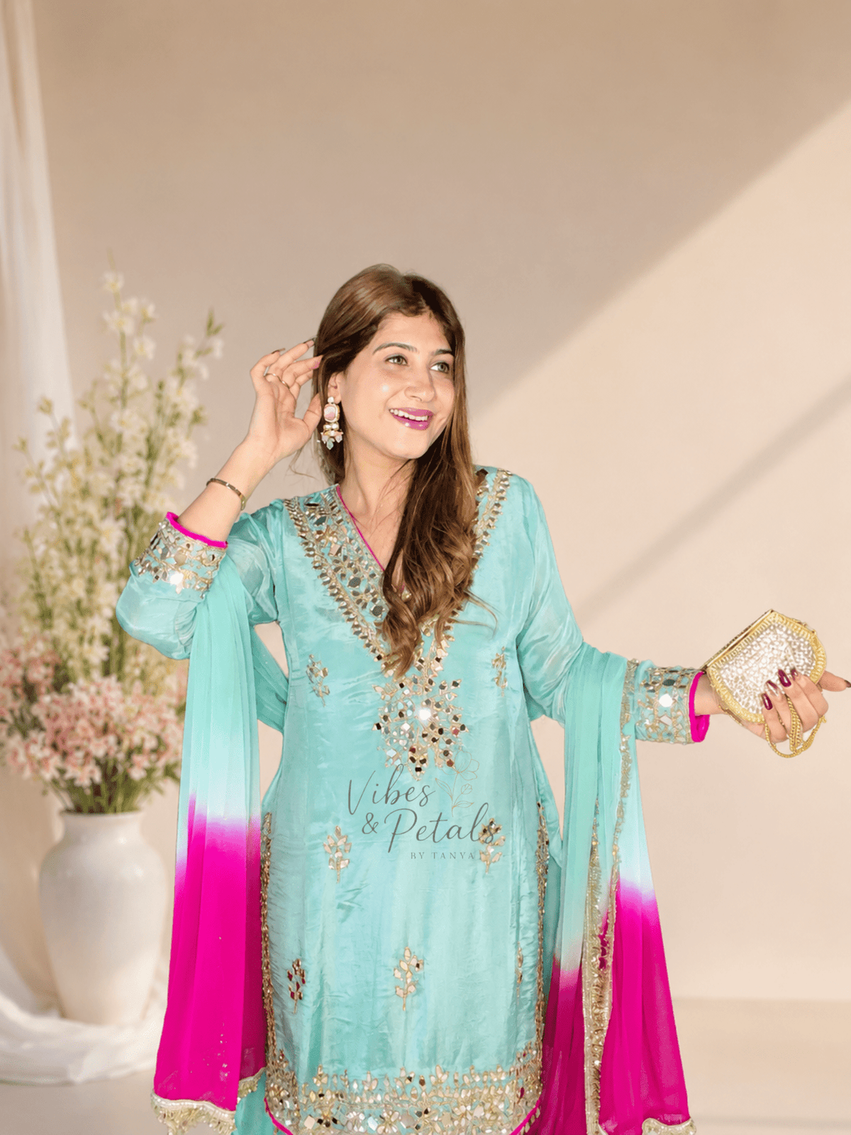 Turquoise Hand Embellished Sharara Suit with Pink Ombré Dupatta - Vibes and Petals