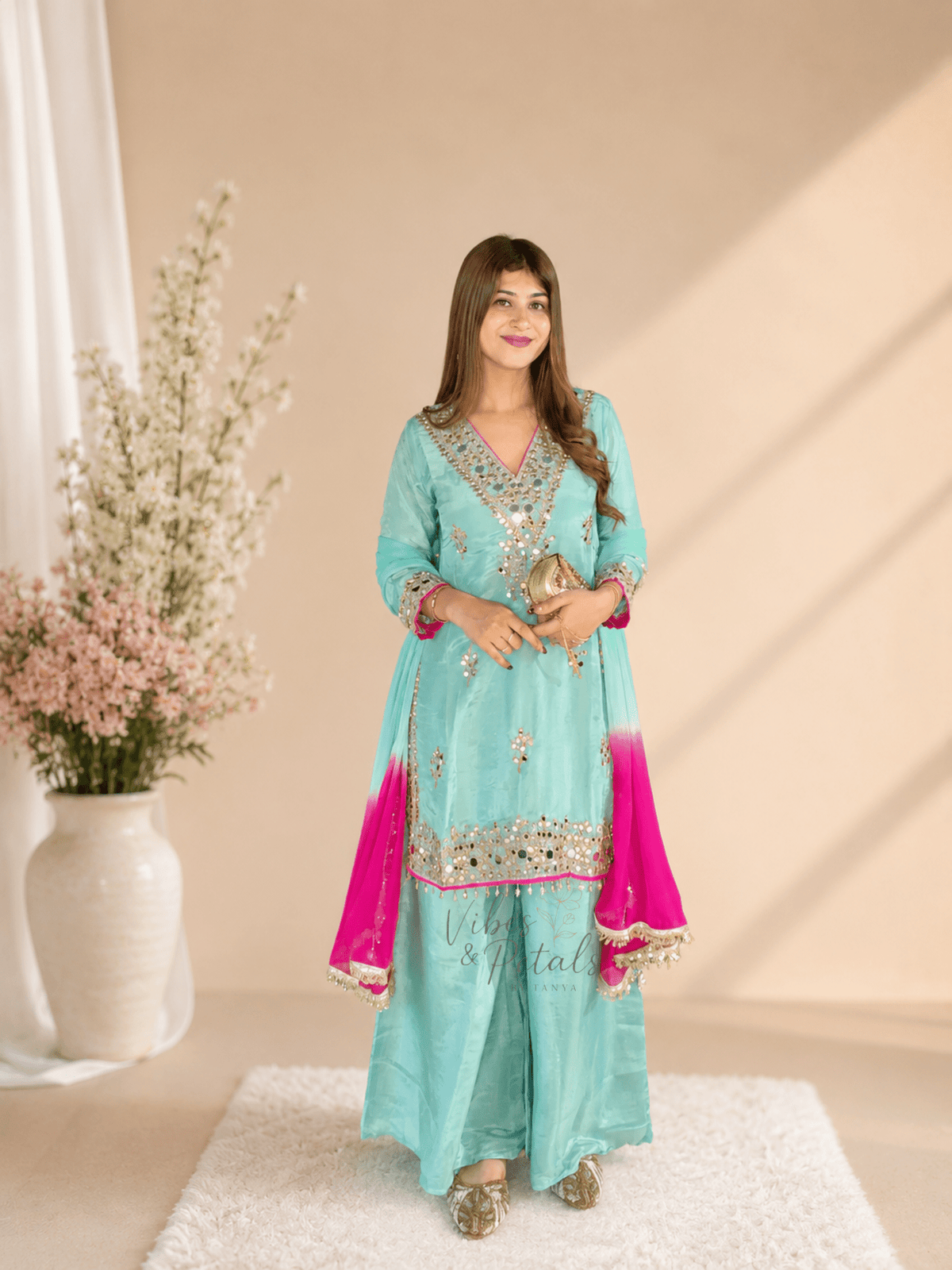 Turquoise Hand Embellished Sharara Suit with Pink Ombré Dupatta - Vibes and Petals