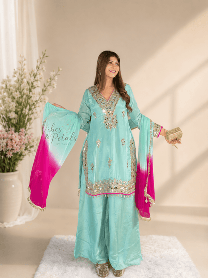 Turquoise Hand Embellished Sharara Suit with Pink Ombré Dupatta - Vibes and Petals