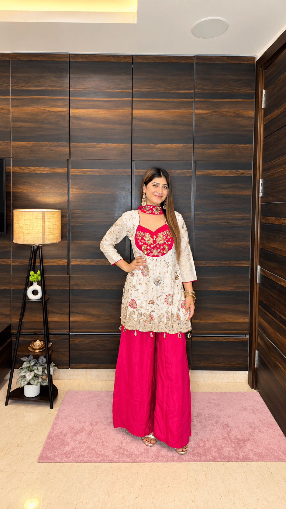 White & Hot Pink Embroidered Sharara Suit with Choker Dupatta - Vibes and Petals