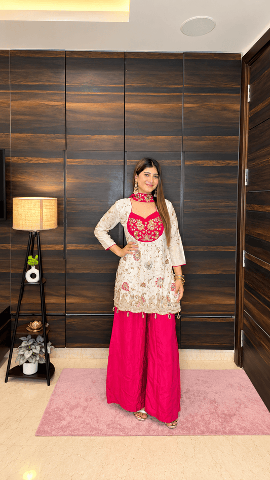 White & Hot Pink Embroidered Sharara Suit with Choker Dupatta - Vibes and Petals