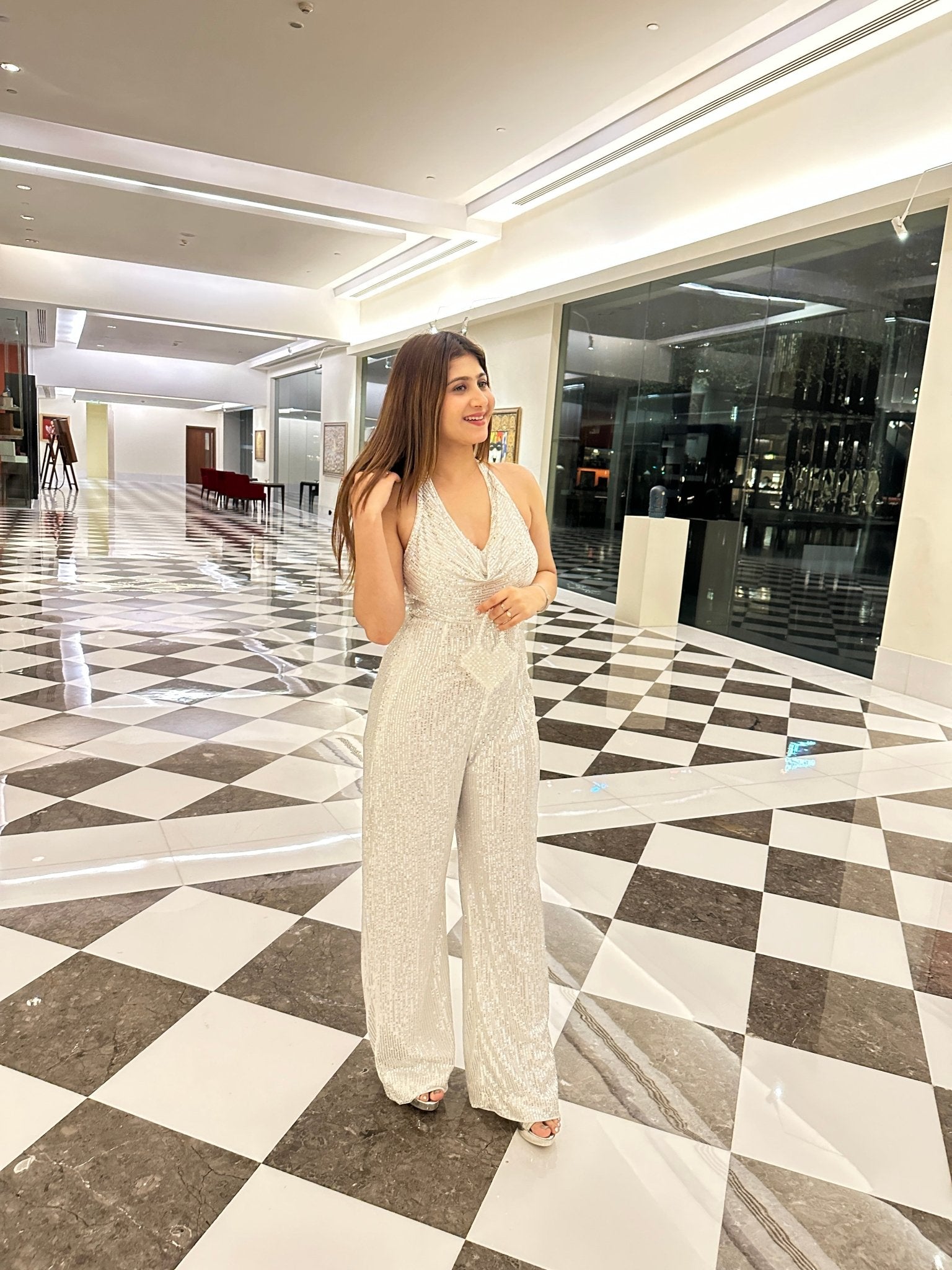 White Sequin Halter Jumpsuit for Women | Party & Evening Wear Outfit - Vibes and Petals