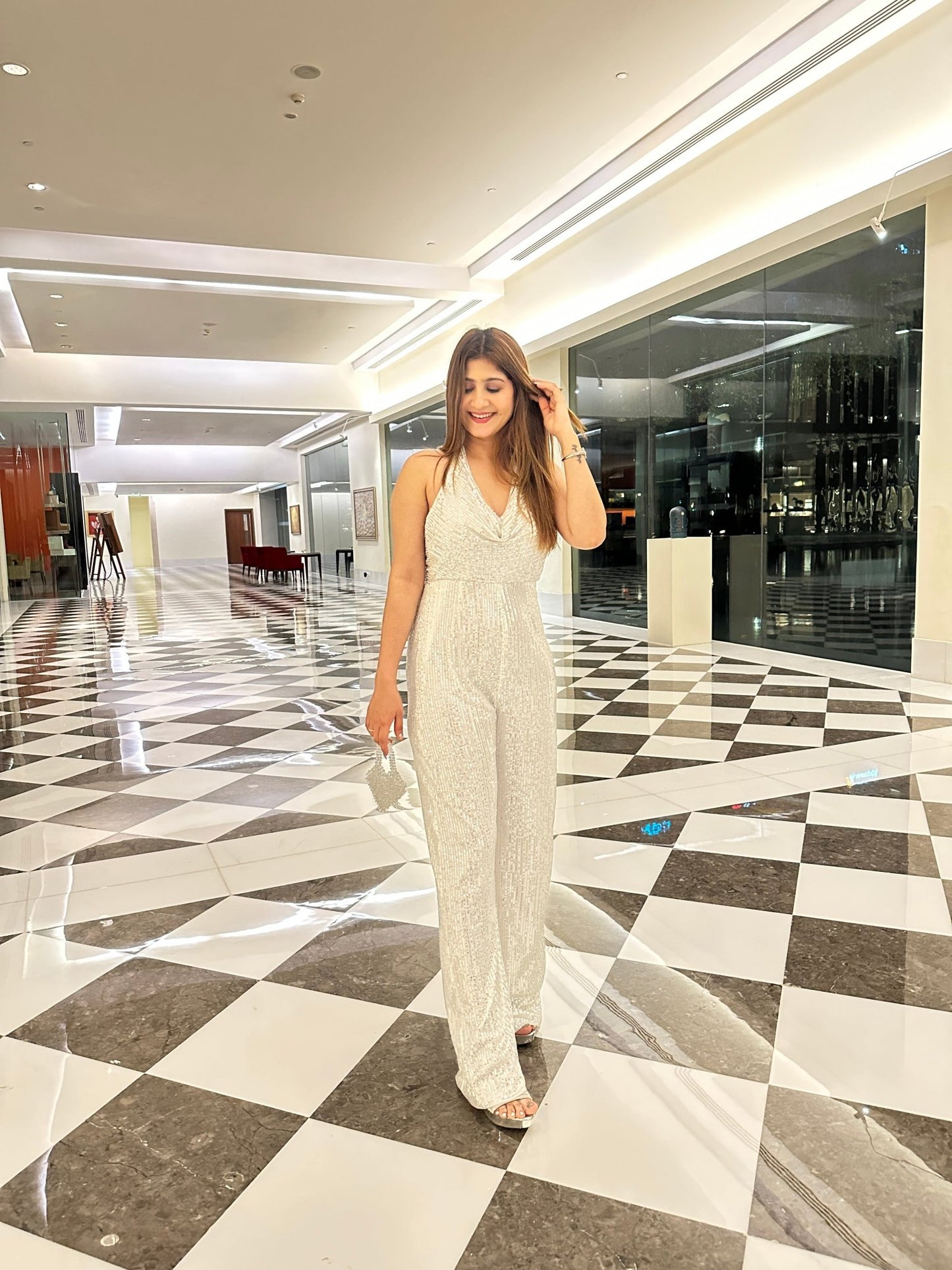 White Sequin Halter Jumpsuit for Women | Party & Evening Wear Outfit - Vibes and Petals