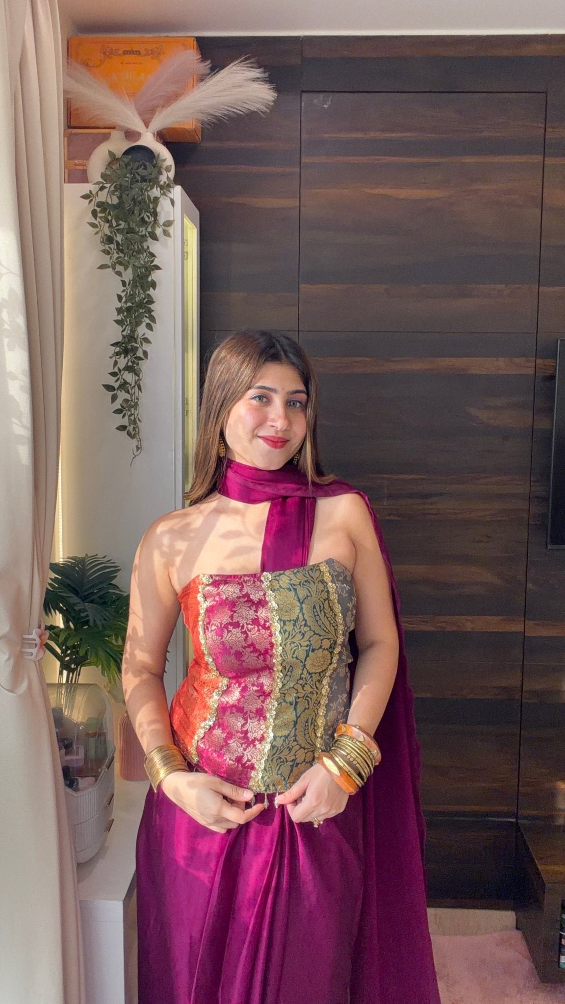 Wine Brocade Corset Drape Saree Set - Vibes and Petals