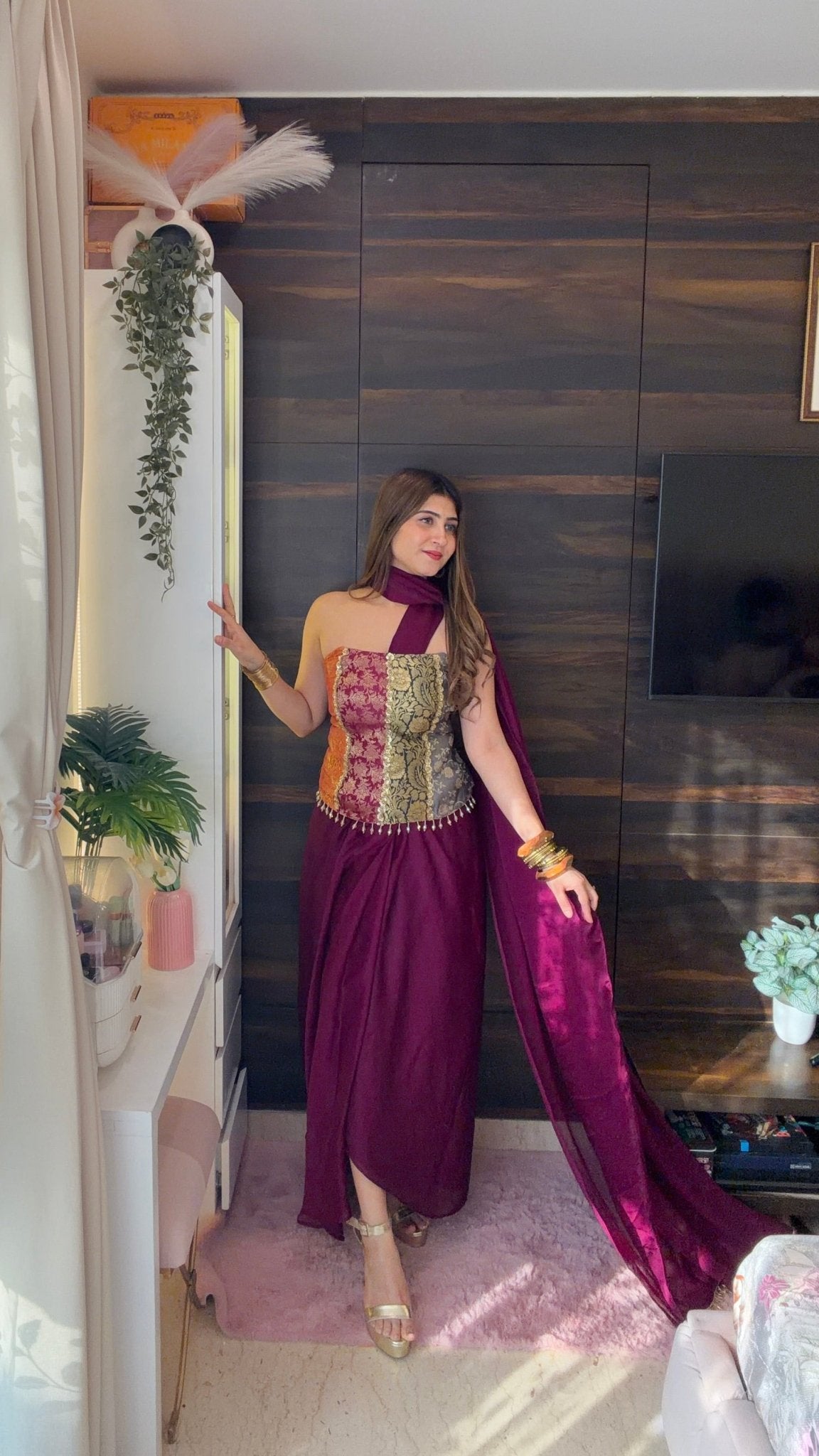 Wine Brocade Corset Drape Saree Set - Vibes and Petals