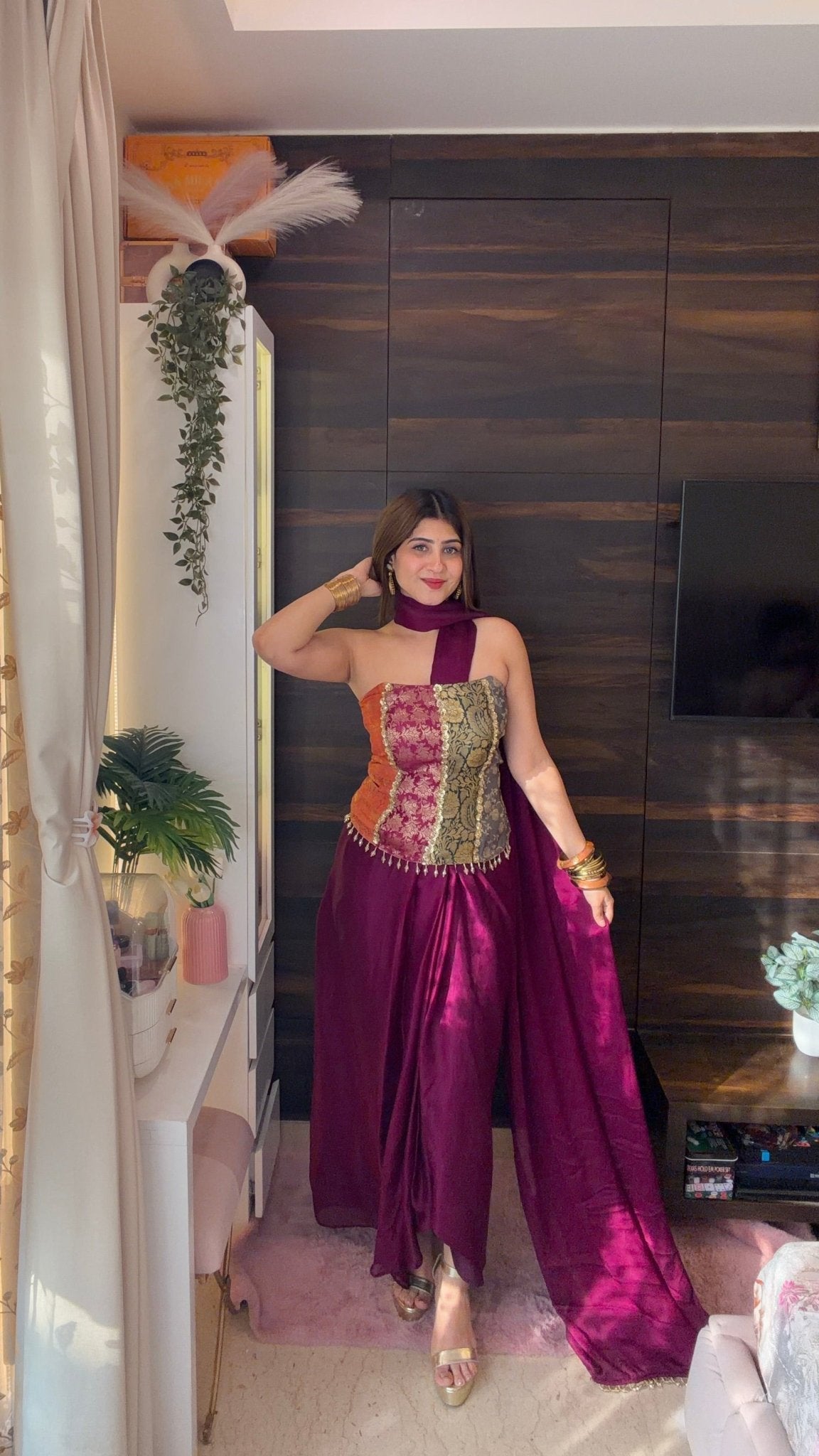 Wine Brocade Corset Drape Saree Set - Vibes and Petals