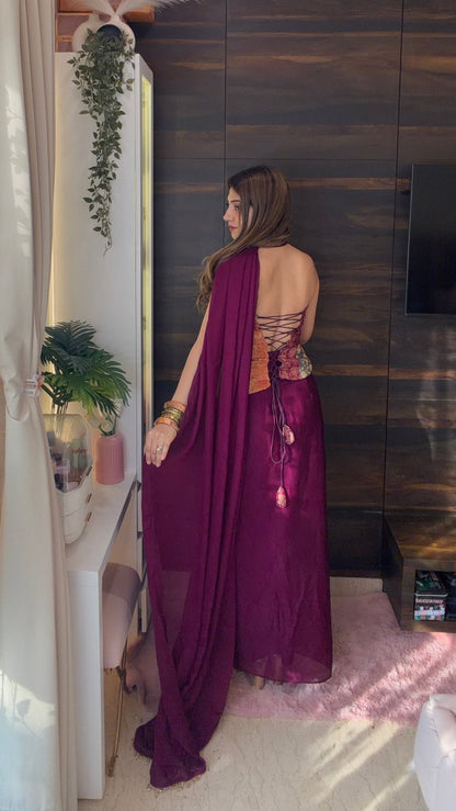 Wine Brocade Corset Drape Saree Set - Vibes and Petals