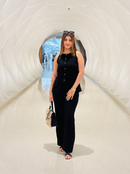Women's Sleeveless Black Button - Down Power Suit – Elegant Wide - Leg Pants Set - Vibes and Petals