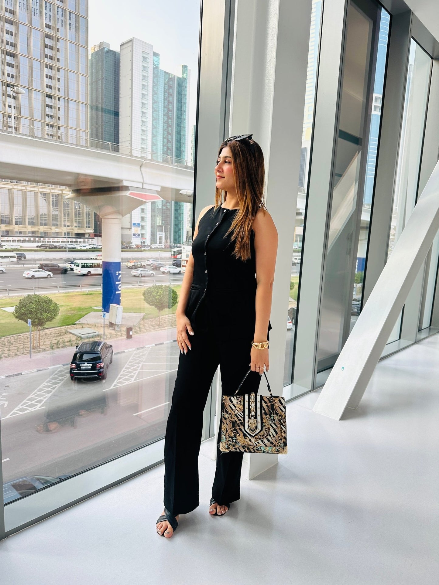 Women's Sleeveless Black Button - Down Power Suit – Elegant Wide - Leg Pants Set - Vibes and Petals