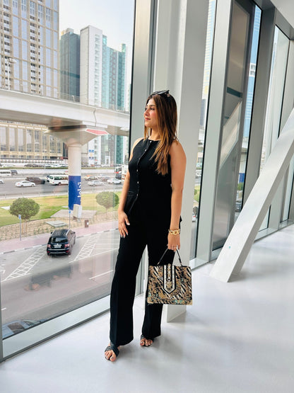Women's Sleeveless Black Button - Down Power Suit – Elegant Wide - Leg Pants Set - Vibes and Petals