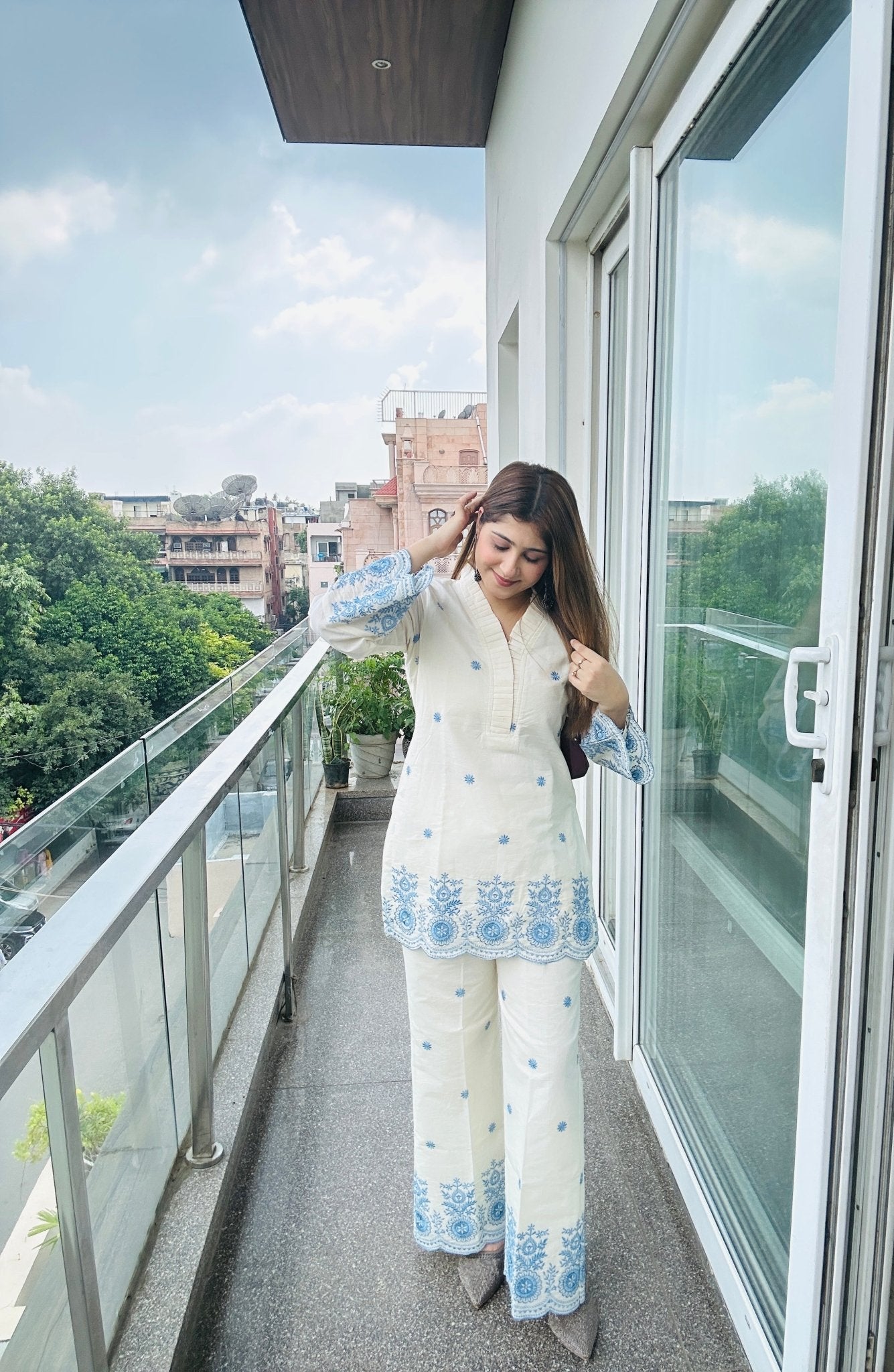 Women's White & Blue Embroidered Kurta Set – 2 Piece Ethnic Co - ord Outfit - Vibes and Petals