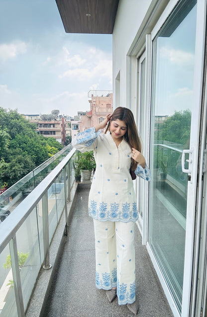 Women's White & Blue Embroidered Kurta Set – 2 Piece Ethnic Co - ord Outfit - Vibes and Petals