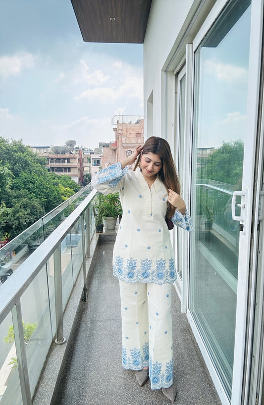 Women's White & Blue Embroidered Kurta Set – 2 Piece Ethnic Co - ord Outfit - Vibes and Petals