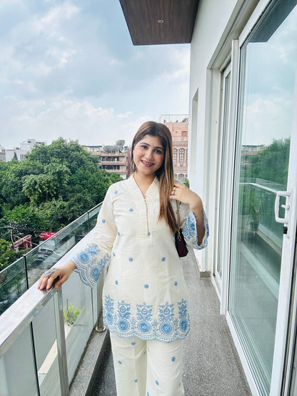 Women's White & Blue Embroidered Kurta Set – 2 Piece Ethnic Co - ord Outfit - Vibes and Petals