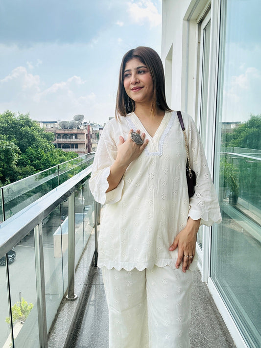Women's White Embroidered Kurta Set – 2 Piece Cotton Co - ord with Scallop Detailing - Vibes and Petals