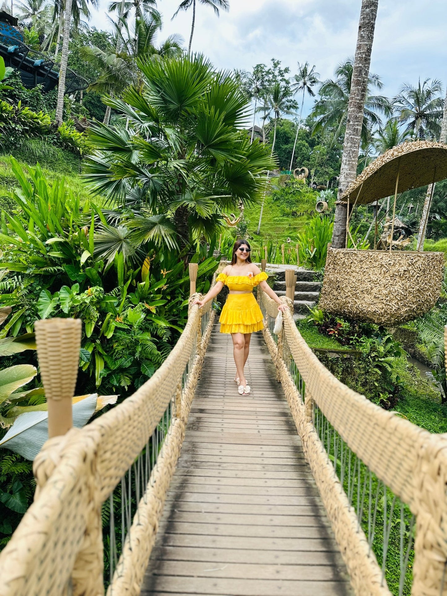 Yellow Frill Summer Vacation Dress | Off - Shoulder Crop Top & Tiered Mini Skirt - Vibes and Petals