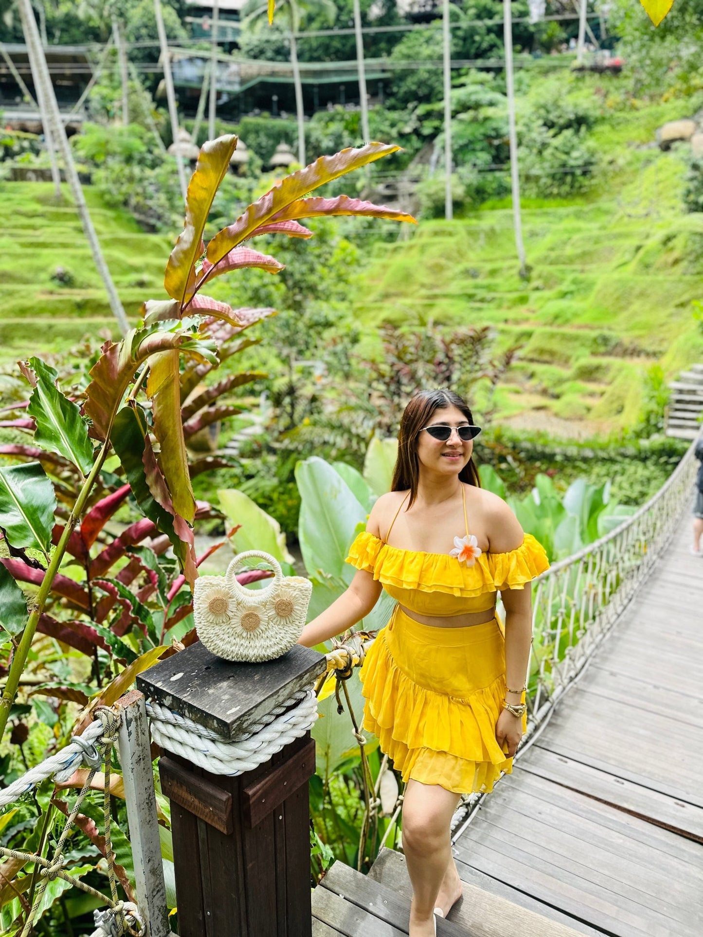 Yellow Frill Summer Vacation Dress | Off - Shoulder Crop Top & Tiered Mini Skirt - Vibes and Petals