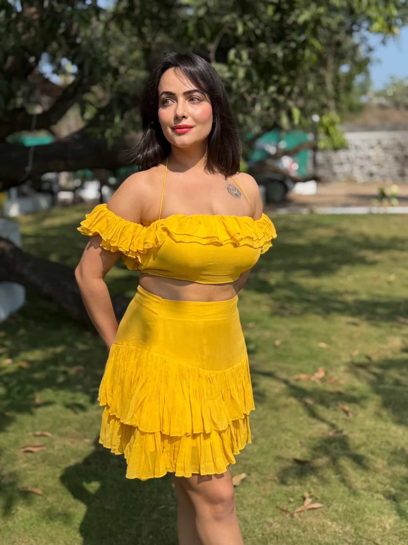 Yellow Frill Summer Vacation Dress | Off - Shoulder Crop Top & Tiered Mini Skirt featured by Aanchal Munjal - Vibes and Petals