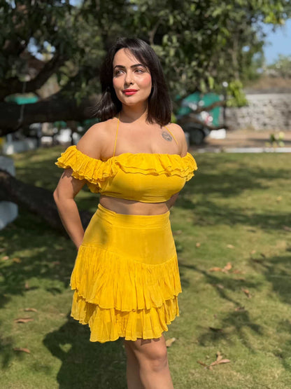 Yellow Frill Summer Vacation Dress | Off - Shoulder Crop Top & Tiered Mini Skirt featured by Aanchal Munjal - Vibes and Petals